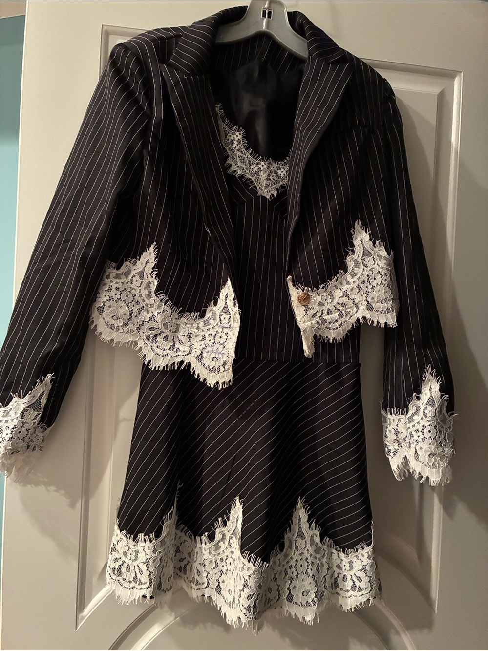 Black Pinstripe Lace-Trim Cropped Jacket & Skirt Set